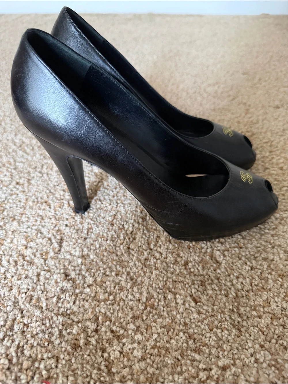 Vintage CHANEL Black Leather Peep-Toe Pumps with Gold CC Emblem